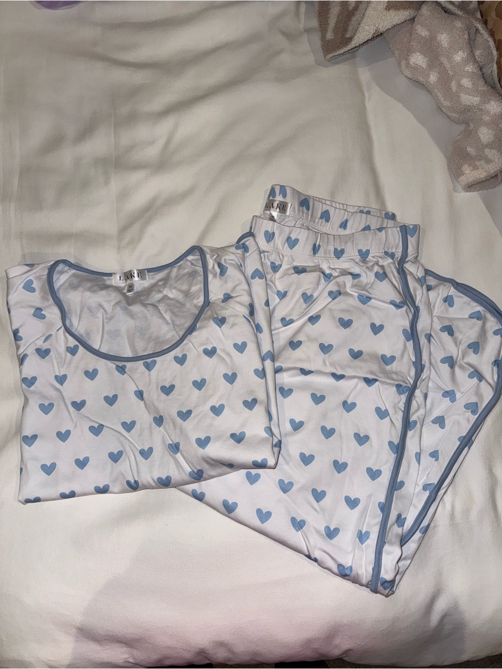 Women’s White Pajama Set with Blue Heart Print. Size Large. Worn Once